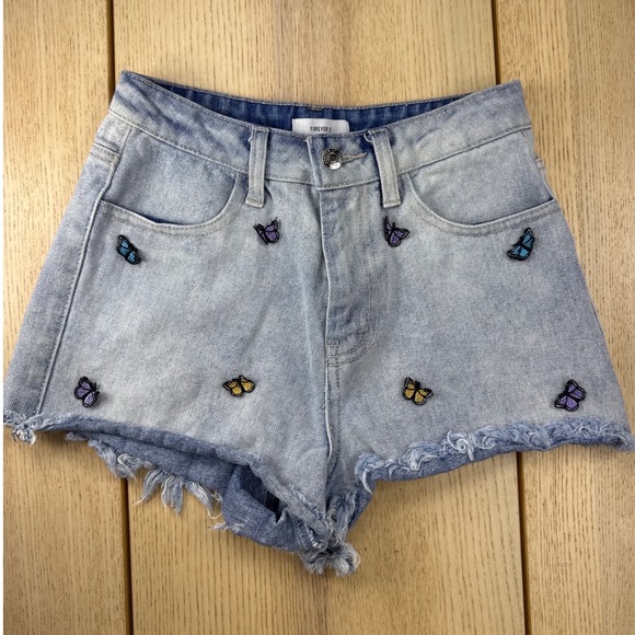 Forever 21 Pants - Forever 21 Butterfly Embroidered High Waisted Denim Shorts Light Wash Size 24
